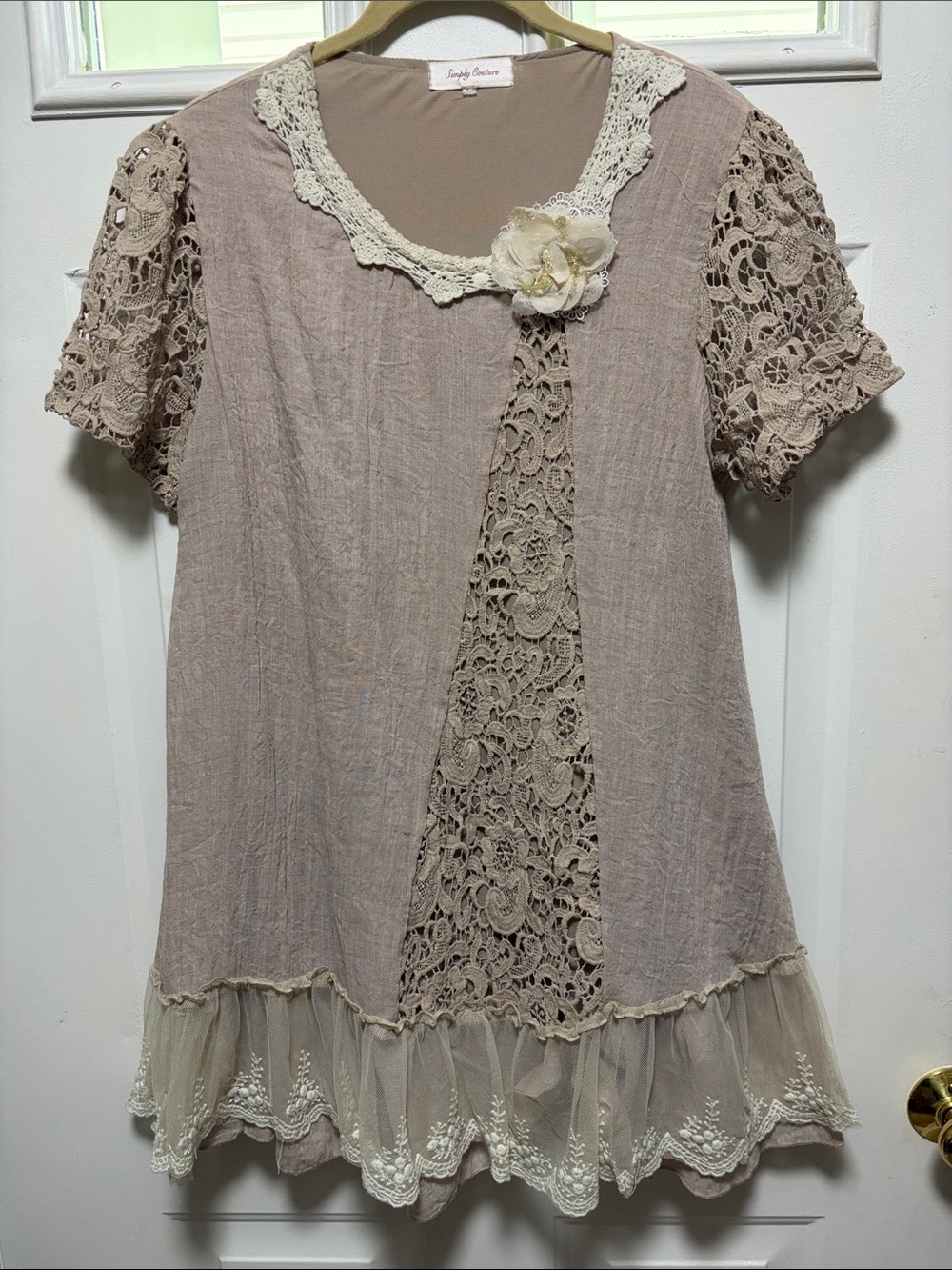 Simply Couture Taupe Lace-Accent Tunic with Cream Trim